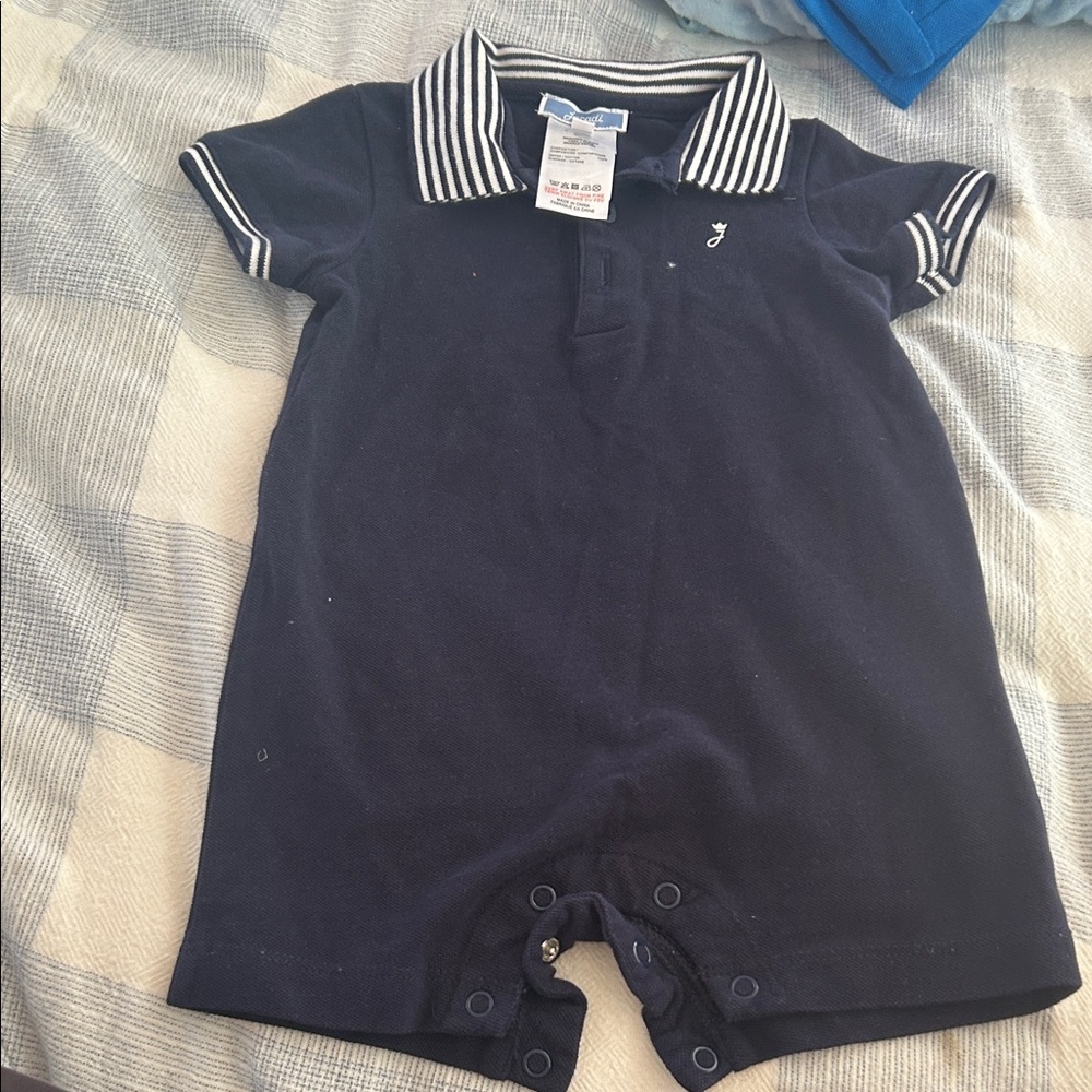 Navy Blue Baby Romper with Striped Collar
